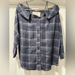 Blue Plaid Cold Shoulder Button Down Shirt